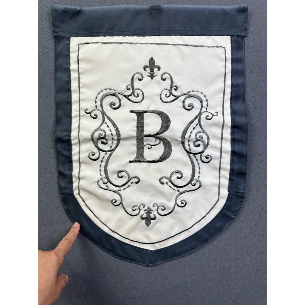 Monogram Initial B Embroidered Wall Hanging Banner Black White Fleur-de-lis flag